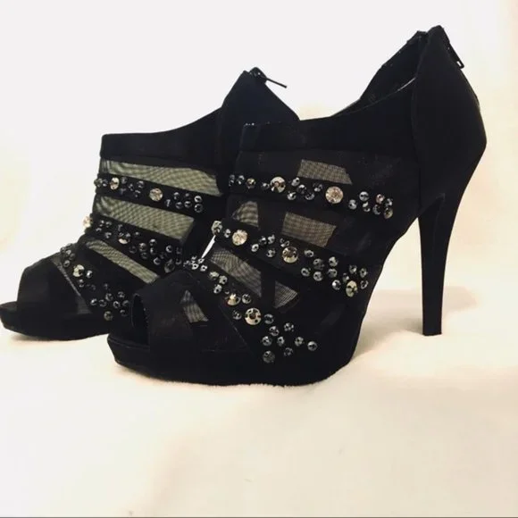 Jeweled and Mesh Black Peep Toe Bootie High Heel | Sexy Fun Celebrity Socialite - Picture 3 of 7